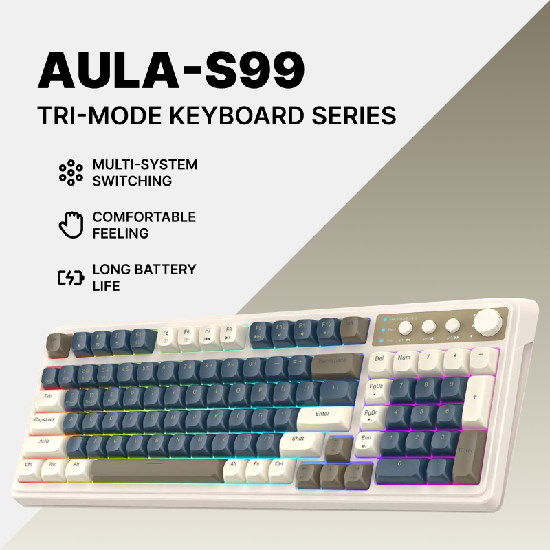AULA S99 Tri-Mode RGB Retro Gaming Keyboard | 96% Layout with Numpad | Bluetooth 5.0 / 2.4GHz / USB-C | Custom Macros, Volume Knob, Creamy Dual-Tone Keys | PC/Mac/Xbox