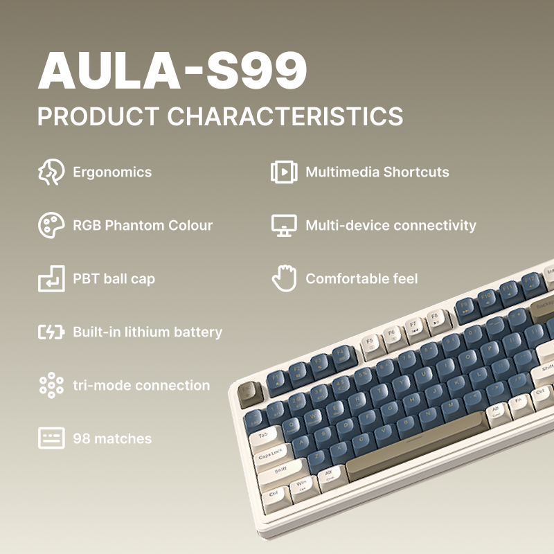 AULA S99 Tri-Mode RGB Retro Gaming Keyboard | 96% Layout with Numpad | Bluetooth 5.0 / 2.4GHz / USB-C | Custom Macros, Volume Knob, Creamy Dual-Tone Keys | PC/Mac/Xbox