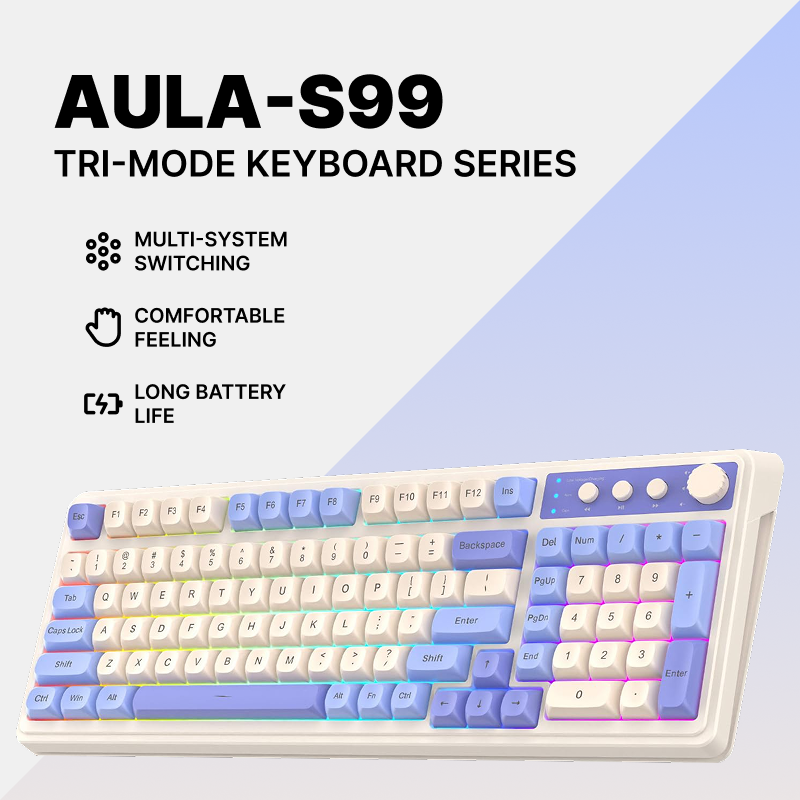 AULA S99 Tri-Mode RGB Retro Gaming Keyboard | 96% Layout with Numpad | Bluetooth 5.0 / 2.4GHz / USB-C | Custom Macros, Volume Knob, Creamy Dual-Tone Keys | PC/Mac/Xbox