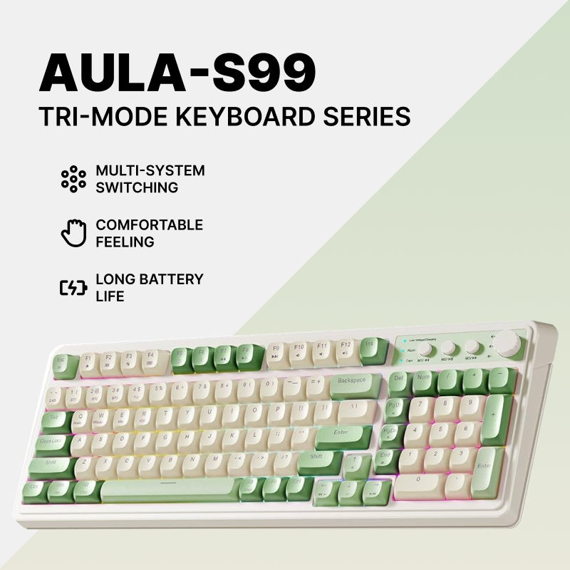 AULA S99 Tri-Mode RGB Retro Gaming Keyboard | 96% Layout with Numpad | Bluetooth 5.0 / 2.4GHz / USB-C | Custom Macros, Volume Knob, Creamy Dual-Tone Keys | PC/Mac/Xbox
